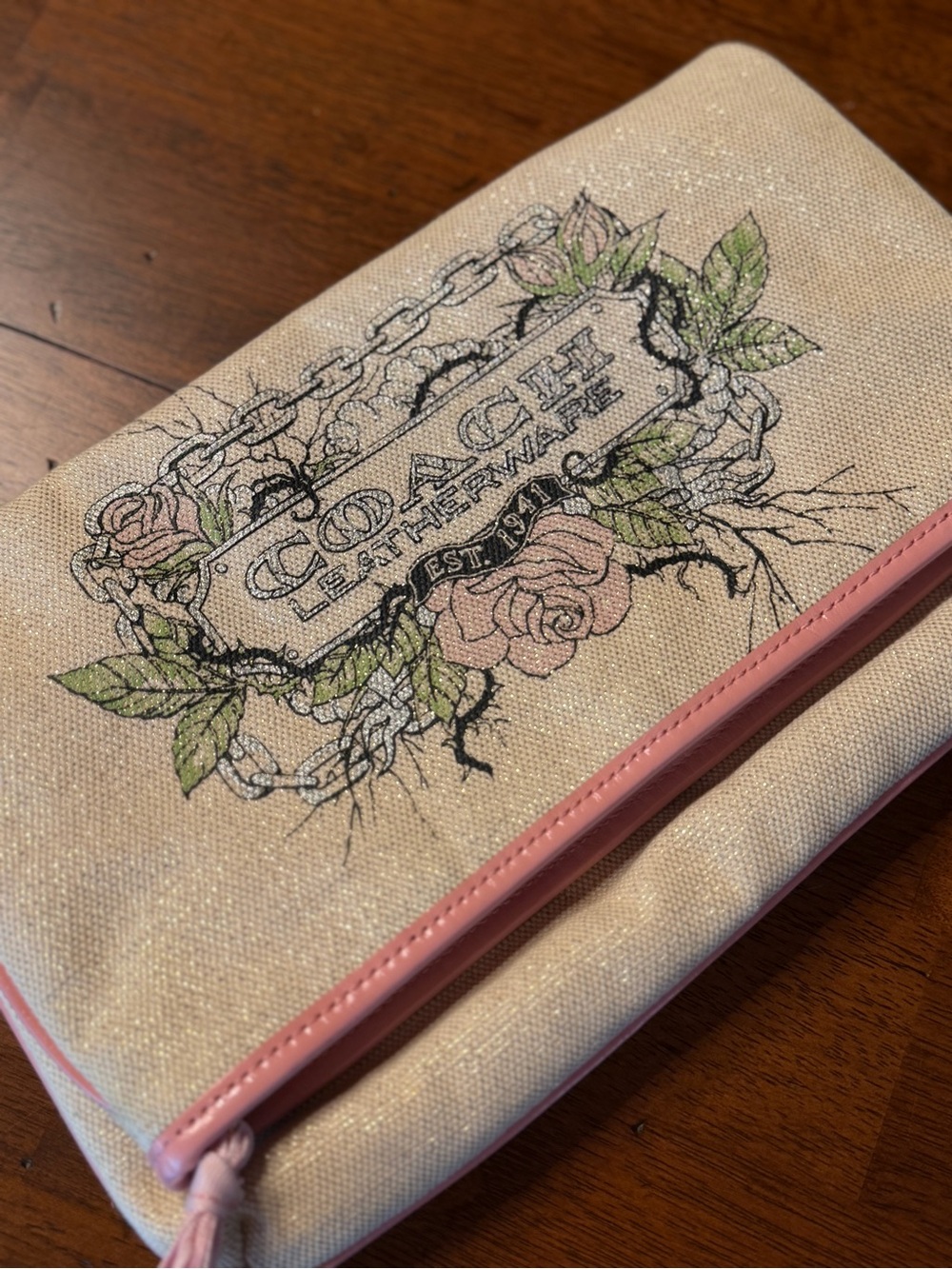 Coach NWOT Floral Canvas Fold Zip Pouch Wristlet LG Clutch Leather Trim